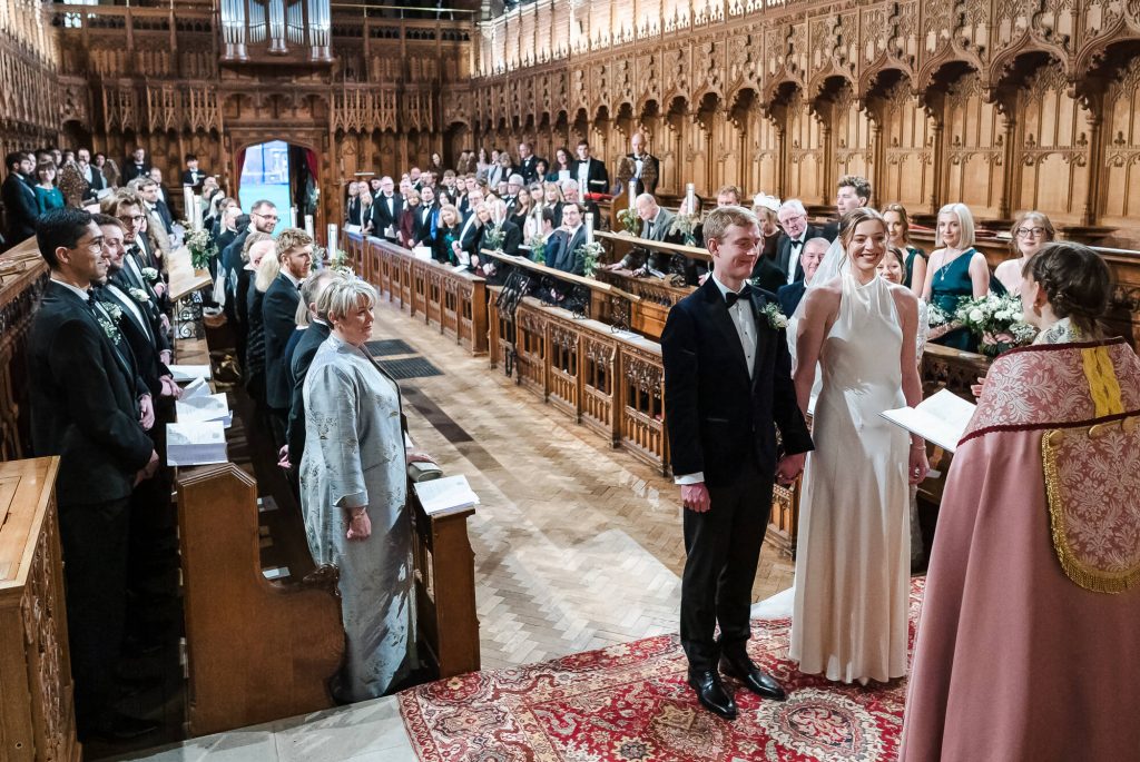 Inside Selwyn College chapel, Cambridge wedding photography