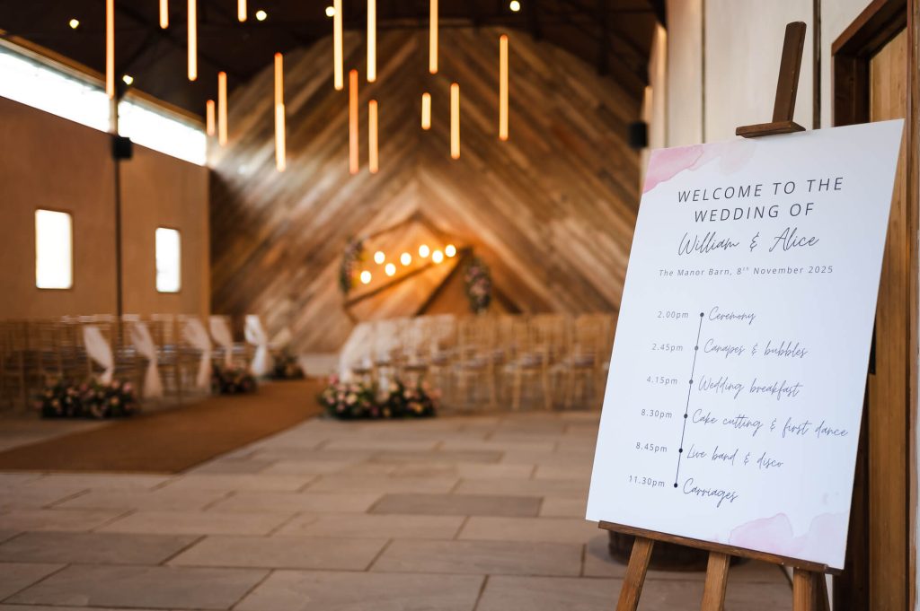 Ceremony welcome sign, Manor Barn wedding 