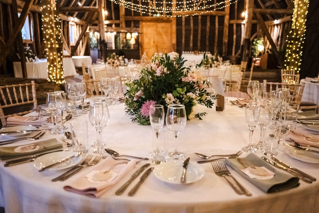 Wedding dining table layout, Manor Barn, Cambridge