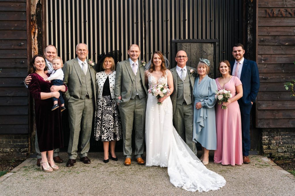 Family group photo at Manor Barn Harlton wedding, Cambridge 